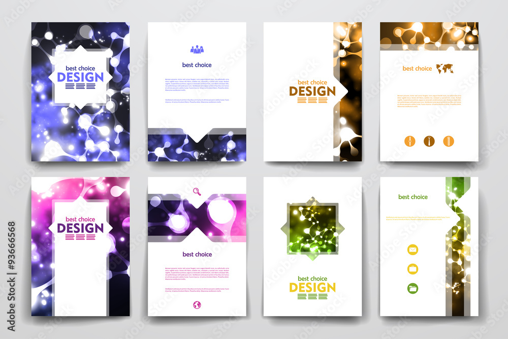 Set of brochure, poster design templates in neon molecule