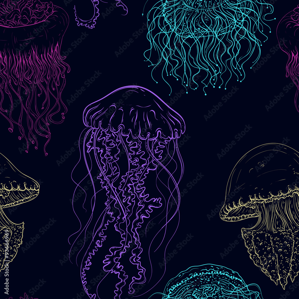 Naklejka premium Vintage seamless pattern with collection of jellyfish. Hand drawn vector illustration of marine fauna in line art style.Design for summer beach, decorations.