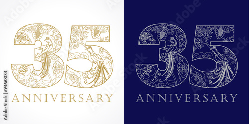 35 anniversary vintage logo. Template numbers of 35th jubilee in ethnic patterns and birds of paradise.