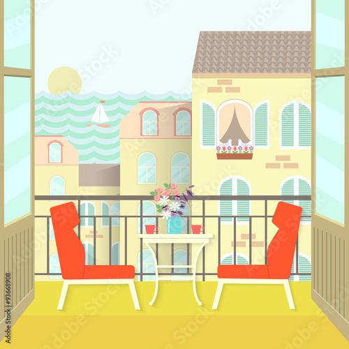 view from the balcony over the town and sea. flat vector illustration
