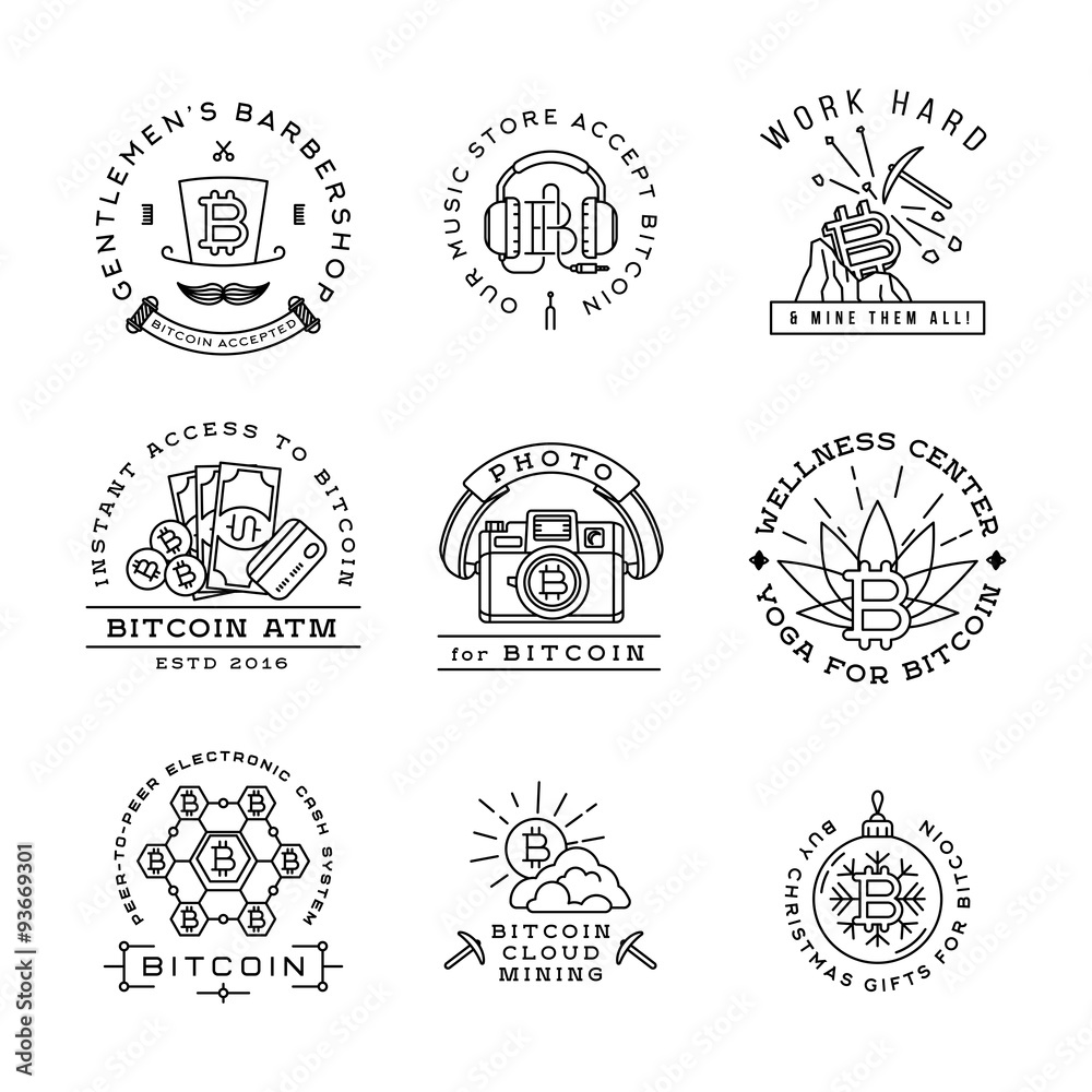 Bitcoin logo templates set. Cryptocurrency badge collection. Digital money icons. Outline coin vector design Bitcoin logo templates set. Cryptocurrency badge collection. Digital money icons. Outline coin vector design