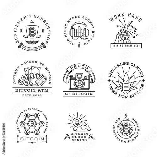 Bitcoin logo templates set. Cryptocurrency badge collection. Digital money icons. Outline coin vector design