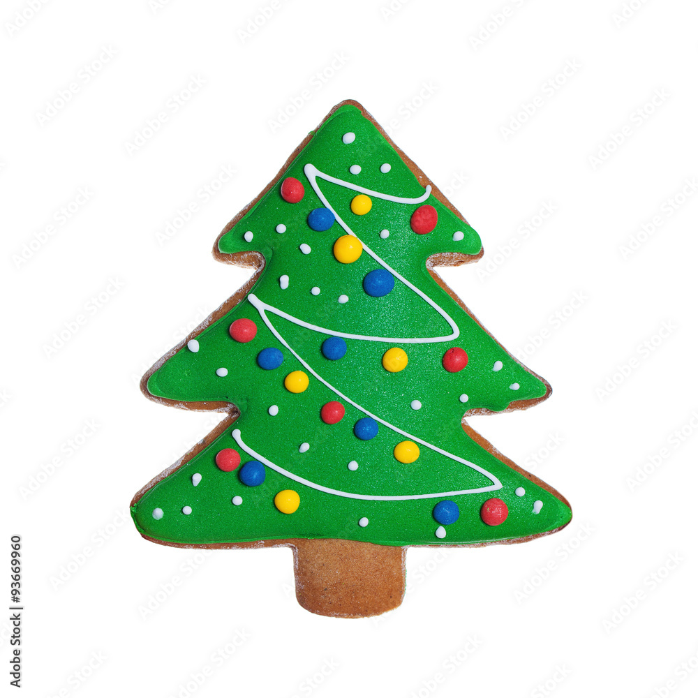 Isolated Christmas Cookie Food. Green Gingerbread Xmas Tree on W
