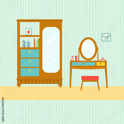 flat retro dressing table and cabinet with mirror. vector illustration