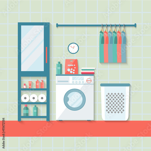 flat laundry room with washing machine. vector illustration