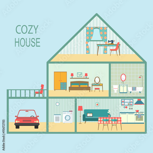 flat cozy house section with interior living room, functional attic, balcony and garage. vector illustration
