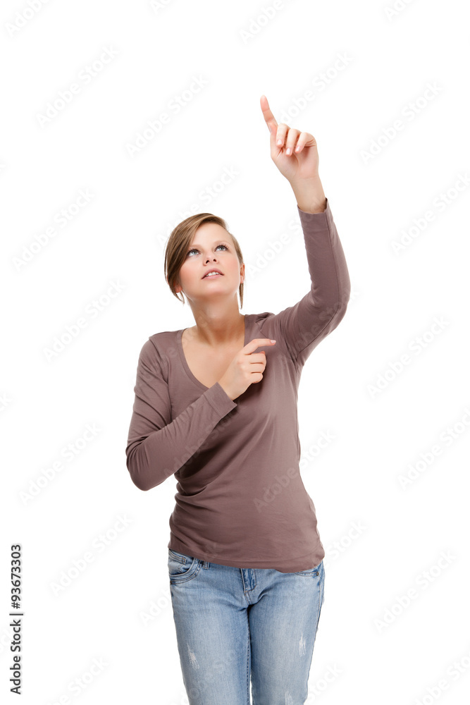 Woman pointing isolated on white background 