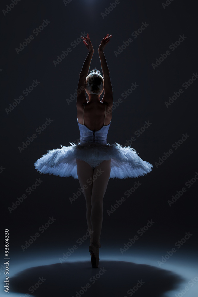 Naklejka premium Portrait of the ballerina in ballet tatu on dack background