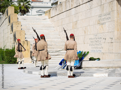  Greek soldiers Evzones dressed in full dress uniform