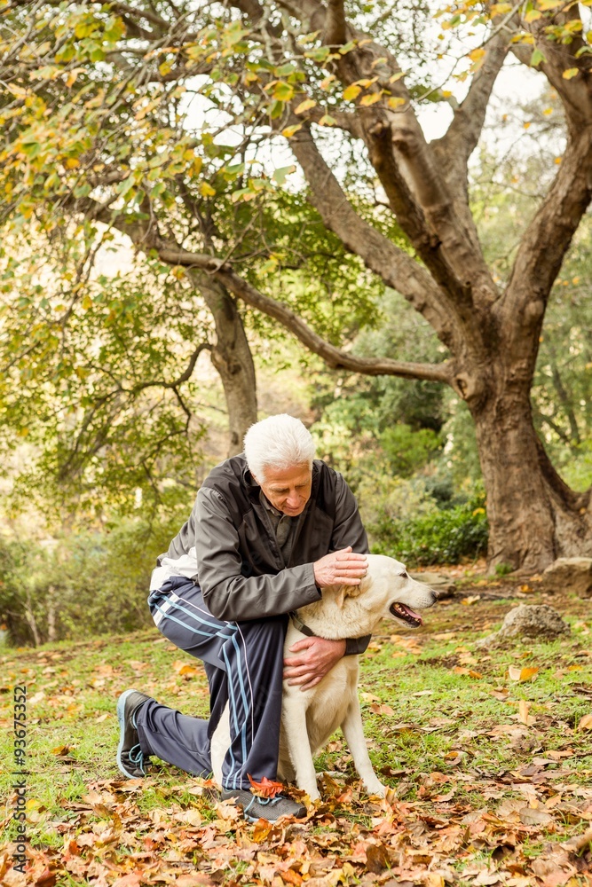 Senior man with his dog in park Senior man with his dog in park