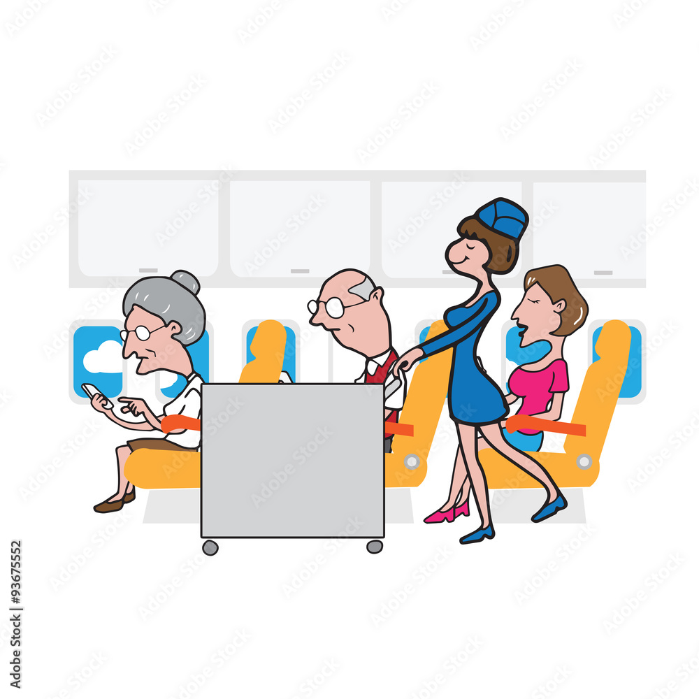 Airplane cabin passengers and air hostess and cart Airplane cabin passengers and air hostess and cart