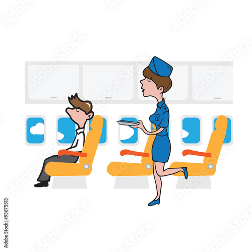 Airplane passenger businessman and air hostess photo