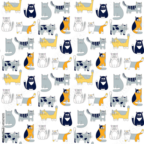 Seamless pattern with funny cats. Hand drawn doodle cute cats. Colorful background for kids.