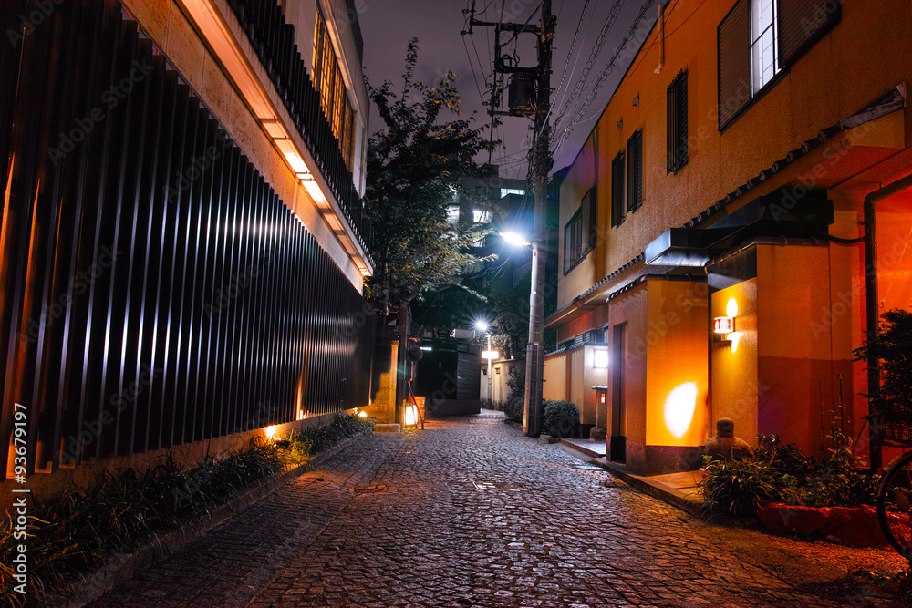 東京神楽坂の料亭街の夜景
