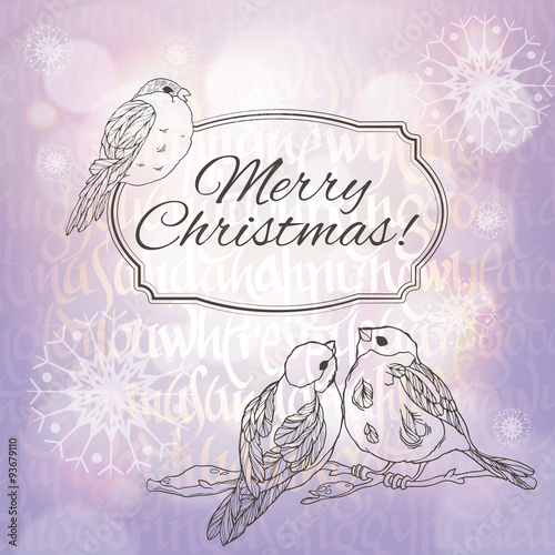 Merry Christmas greeting card with bullfinches and snowflakes on