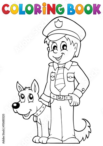 Coloring book policeman with guard dog