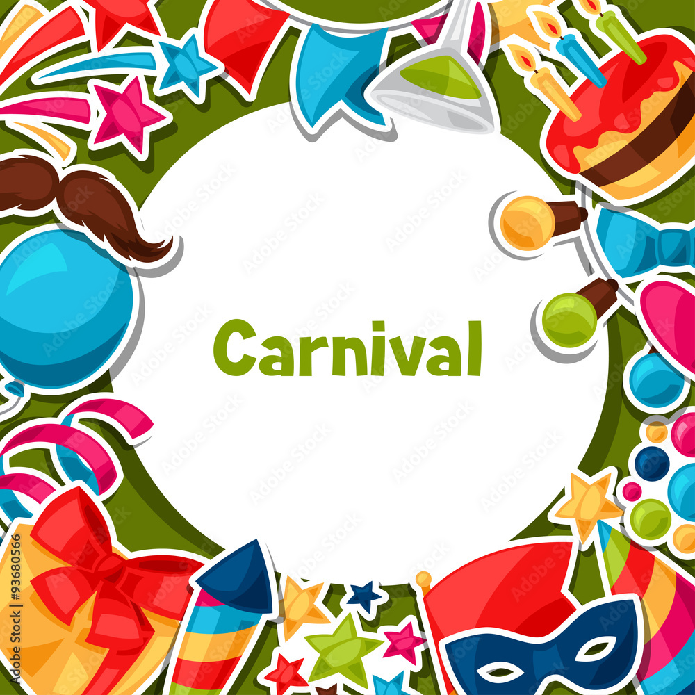Obraz premium Carnival show and party greeting card with celebration stickers