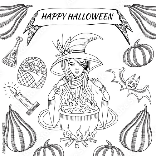 Black graphic witchcraft objects set: witch, cauldron with magic potion, bat, pumpkins, candys, candle. Hand drawn vector Happy Halloween illustration.