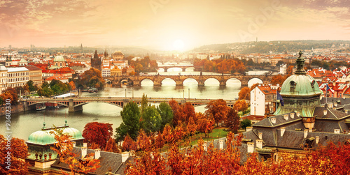 Sunset landscape view to Charles bridge on Vltava river in