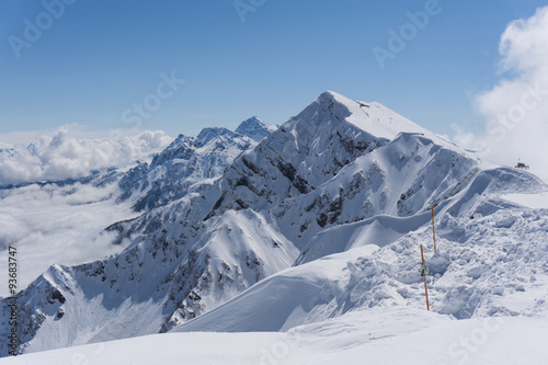 View on mountains and blue sky above clouds  Krasnaya Polyana