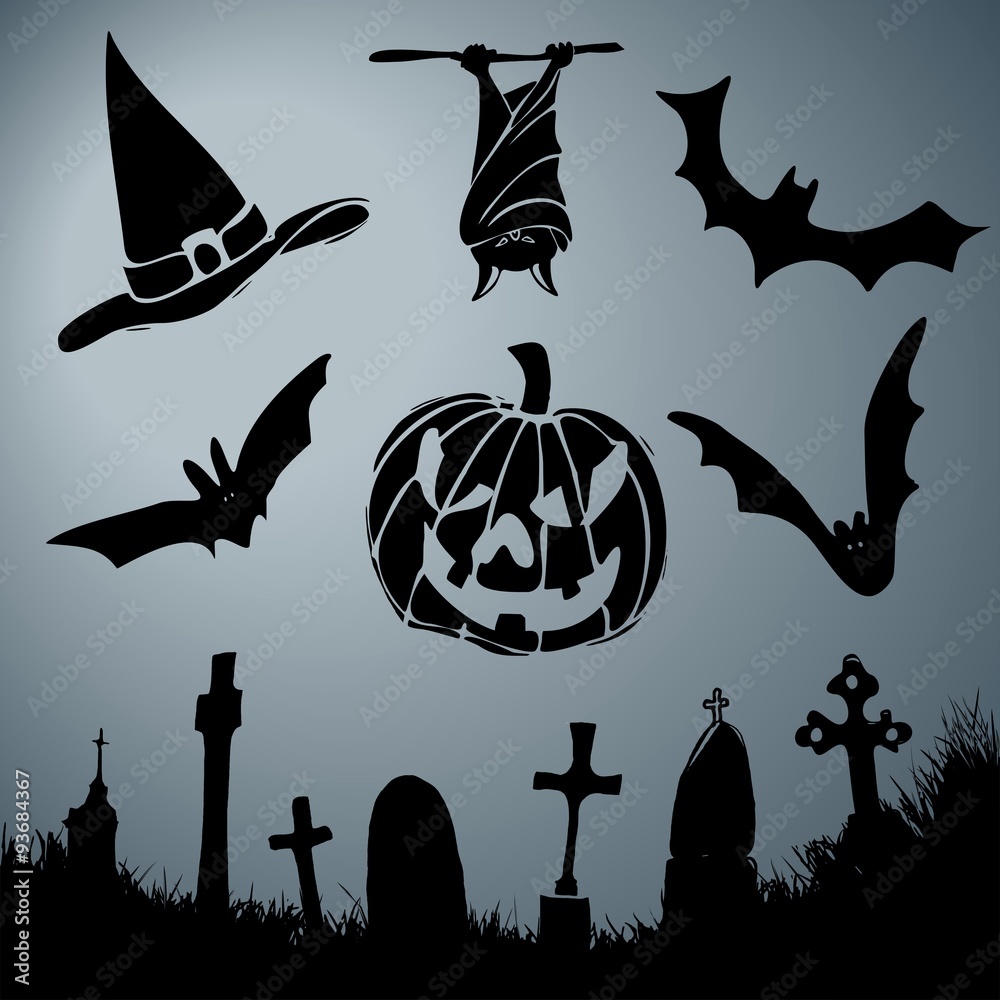 Halloween Vektor Elemente für Gestaltung Hut Fledermaus Friedhofskreuze  Kürbis Stock Vector | Adobe Stock