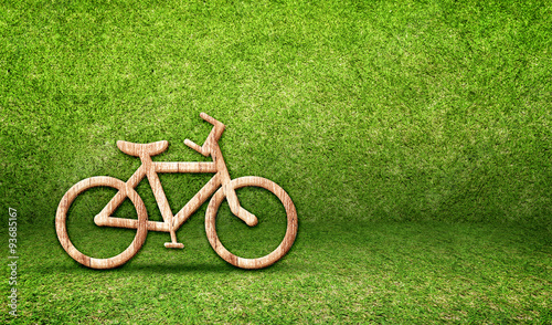 Bicycle wood icon in green grass room,Eco concept