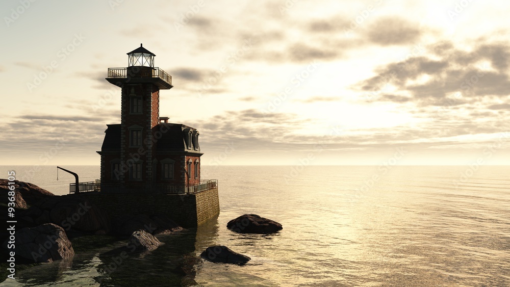 Illustration of a lighthouse on rocky outcrop at sunrise, 3d digitally rendered illustration
