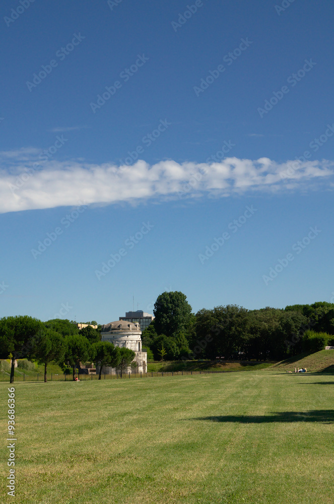 Parco Teodorico with Theoderic mausoleum in the background, Ravenna, Italy
