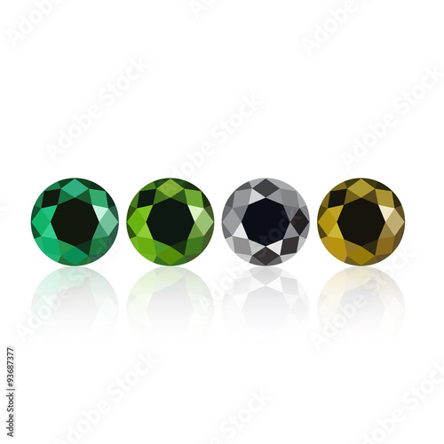 set of synthetic cubic zirconia semi-precious gems on white background, sapphire, diamond logo, background for jewelry company or gems company