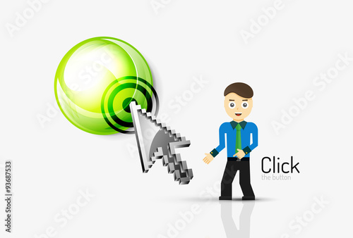 Cartoon businessman asking to click on glossy button, flat