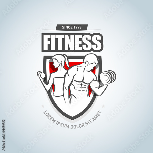 Man and woman Fitness logo template. Gym club logotype. Sport Fitness club creative concept. Bodybuilder Fitness Model Illustration, Sign, Symbol, badge.