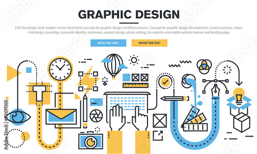 Flat line design concept for graphic design workflow process, industrial design, branding, corporate identity, stationary, product design, photo editing, for website banner and landing page.