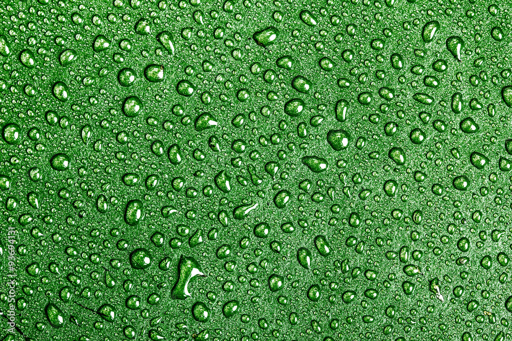 Water drops on green surface.