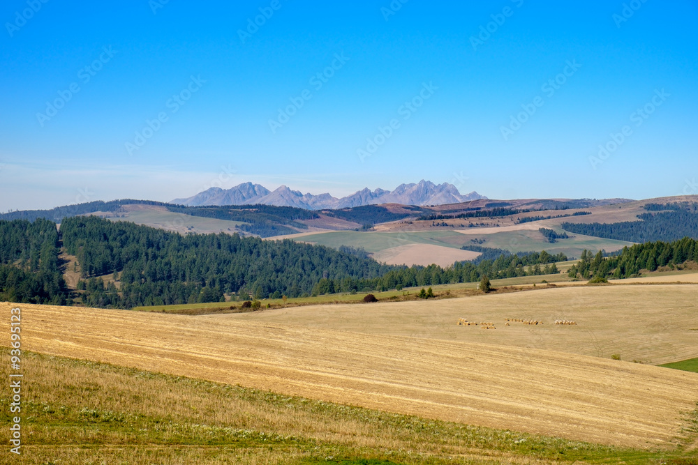 Landscape view of mountain range and autumn colorful hills, Slov