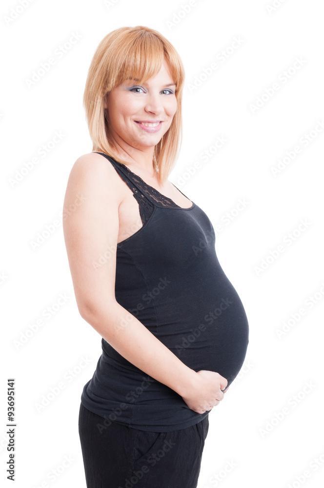 Beautiful young woman pregnant smiling happy isolated on white b Beautiful young woman pregnant smiling happy isolated on white b