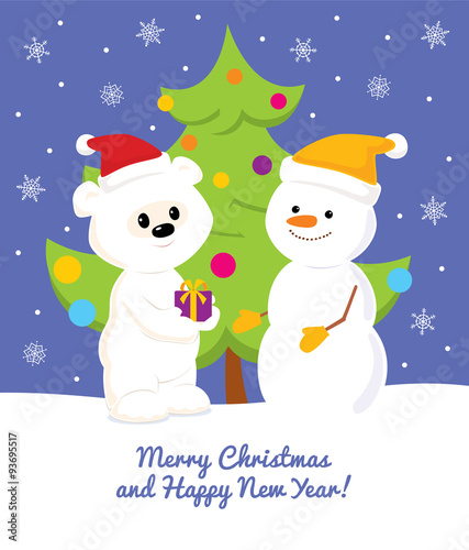 Colorful vector Christmas and New Year greeting card design with a cartoon cute baby polar bear giving a present to snowman. Blue sky with snowflakes and decorated christmas tree on the background.