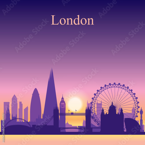 London city skyline silhouette on sunset background