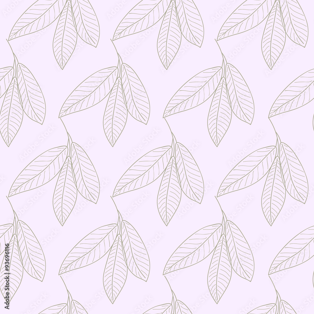 Seamless pattern with gray leaves on purple background, vector