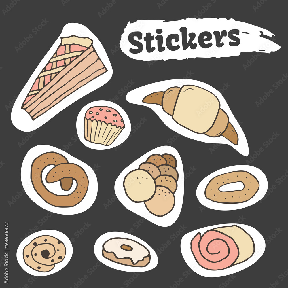 Hand drawn sweet pastry stickers set. Bakery vector elements sketch. Excellent for creating your own designs Hand drawn sweet pastry stickers set. Bakery vector elements sketch. Excellent for creating your own designs