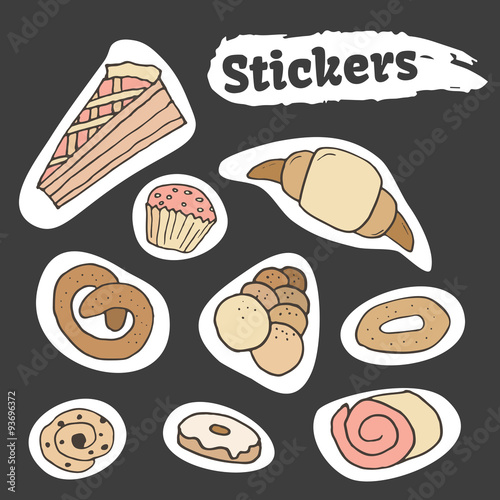 Hand drawn sweet pastry stickers set. Bakery vector elements sketch. Excellent for creating your own designs