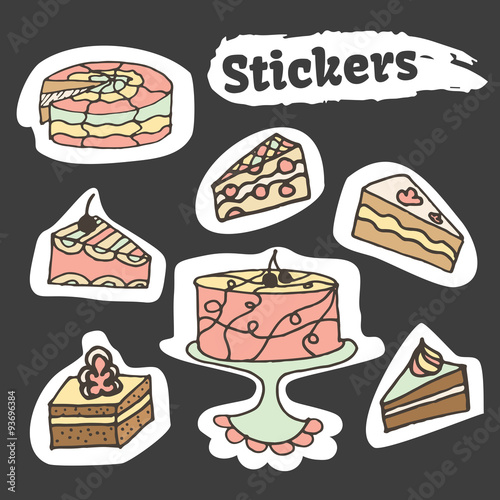 Hand drawn sweet cakes colorful stickers set. Bakery vector elements sketch. Pastry labels in doodle style