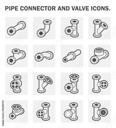 Pipe icon and flange fitting. Include control valve and pressure gauge or manometer. For pipeline construction and transportation liquid or gas i.e. crude, oil, natural gas, sewage, wastewater etc. 