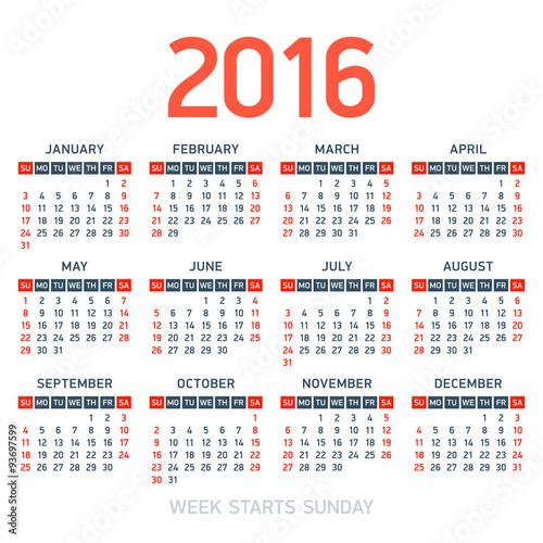 Calendar 2016. Week starts Sunday.