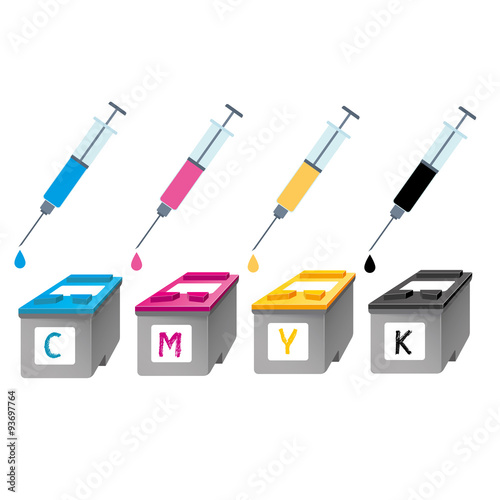 CMYK ink cartridges in perspective. Syringe with a drop