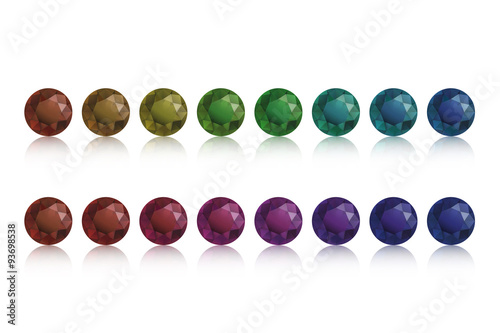 Sapphire set, brilliant cut, diamond cut, perfect round illustration 16 pcs, synthetic diamond set cubic zirconia semi-precious gems isolated on white