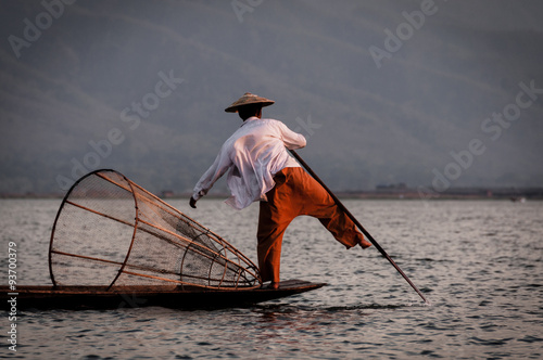 Inle Lake Fisherman rowing with foot photo