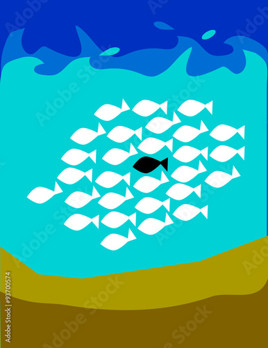 A school or shoal of fish on the seabed with one black fish as an outsider or leader of the team