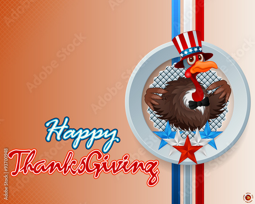 Happy Thanksgiving handwritten message and  cartoon, perky turkey, wearing a Uncle Sam hat and bow-tie; Thanksgiving turkey on national flag colors for American Thanksgiving Day, large space for text