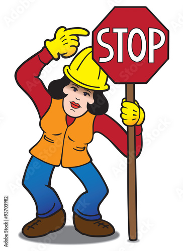 Female flagger pointing to stop sign she is holding