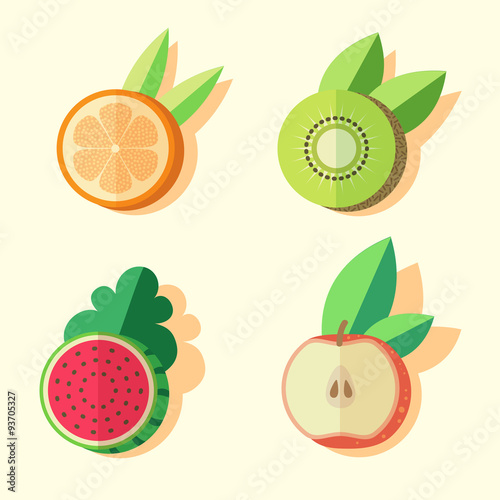 Vector set of flat design icons with fruits.